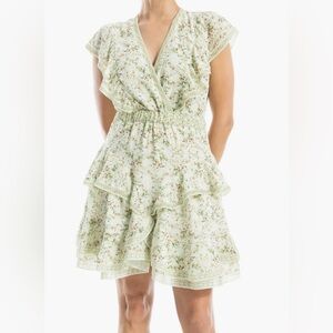 Max Studio Floral Ruffle Mini Dress in Green and Cream